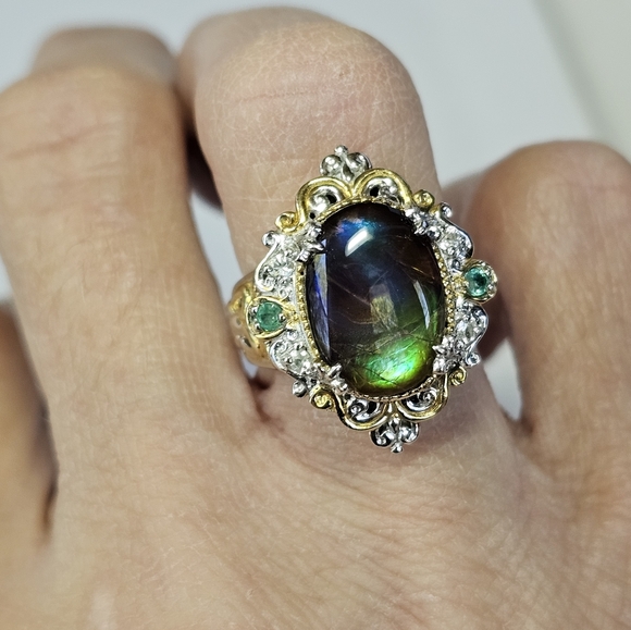 Rare Genuine Ammolite & Emerald Ring in 18k & Sterling Silver Sz 7! π - Picture 7 of 7